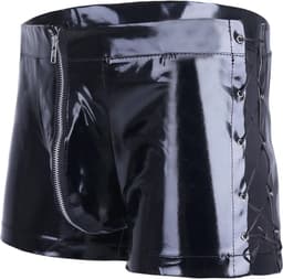Korte porno broek mannen - Latex wetlook - Open pijpen met touw - Open kruis functie - Short — thumbnail 4