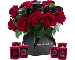 Luxe geschenkdoos met imitatierozen en rozengeurkaarsen, elegante bloemenset in houten doos, ideale geurkaarsen voor huis, romantische thuisdecoratie voor elke gelegenheid