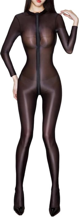 Dames Wetlook Jumpsuit Lange Mouwen One Piece Bodysuit voor Feest en Sport — thumbnail 1