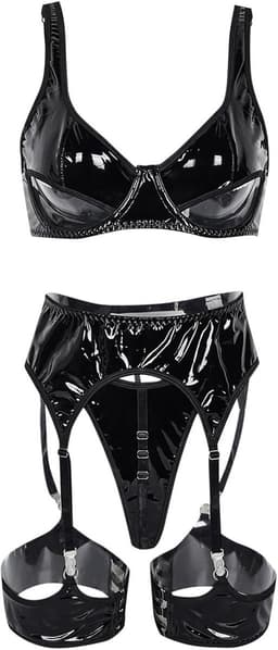 Sexy leren lingerie bodysuit voor dames, zwart gelakt PU-leer, sexy holle exotische lingerie voor dames, maat M (bovenlengte 30 cm, broeklengte 17 cm, roklengte 25 cm) — thumbnail 1