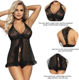 Sexy Lingerie - Erotische Elegante Babydoll Transparant met Kant - Openvallend met bijpassende String - Sexy Teddy - Erotiek - kleur Zwart - Maat XS-S — thumbnail 4