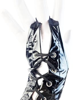BamBella ® Handschoenen - Maat onesize - Datex (Mix latex en stof ) Sexy Zwart Glans lak vetersluiting — thumbnail 2