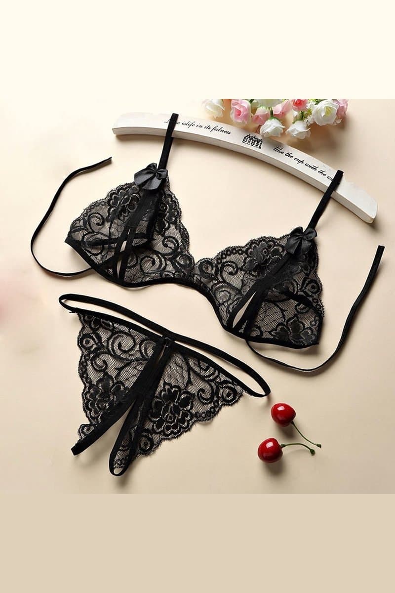 La Nuita Zwarte Kanten Bh Set Dames - Open Cup Bralette en String - Sexy Tweedelige Lingerie Set (S t/m XL) — afbeelding 1