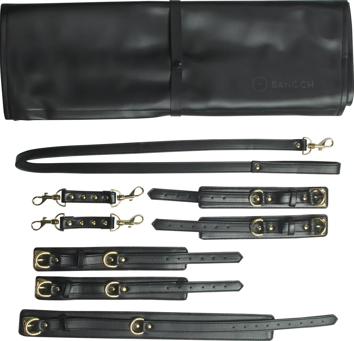 Banoch | luxe bondage set zwart | handboeien , enkelboeien , collar & leash | pu leer opbergtas | BDSM bondageset — afbeelding 1