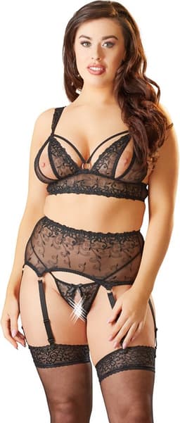 Cottelli Plus Size – Jarretel Set 3 Delig met Open Cups en Kruis voor Ondeugende Slaapkamer Spellen – Maat 4XL – Zwart — thumbnail 2