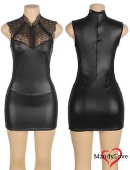 Strakke zwarte sexy jurk met kanten details - maat 38/40 - korte bodycon jurk - wetlook mini-jurk - latex look - clubjurk - clubwear dames — thumbnail 6