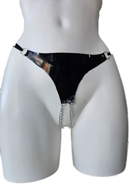 String Kruisloos - LATEX- Zwart - Open kruis met ketting Fetish erotische kleding dames — thumbnail 2