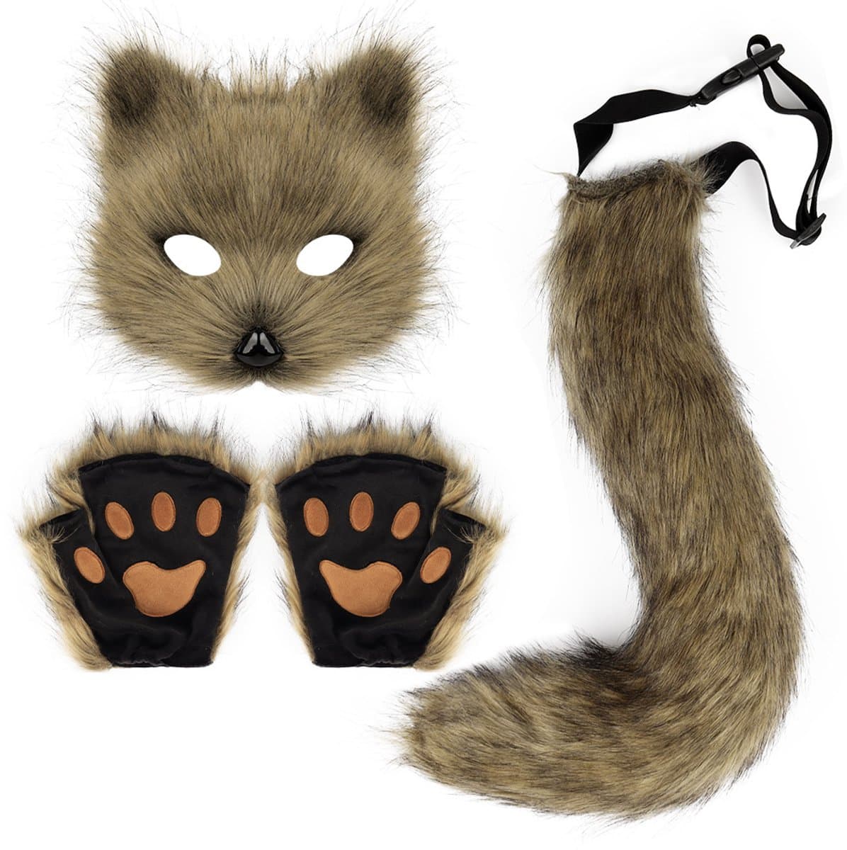 Kunstbont vossenstaart kat wolf set pluche masker pluizige poot handschoenen Halloween kerstfeest voor vrouwen — afbeelding 1