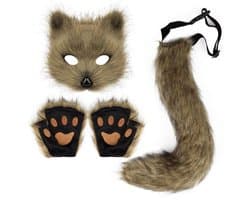 Kunstbont vossenstaart kat wolf set pluche masker pluizige poot handschoenen Halloween kerstfeest voor vrouwen