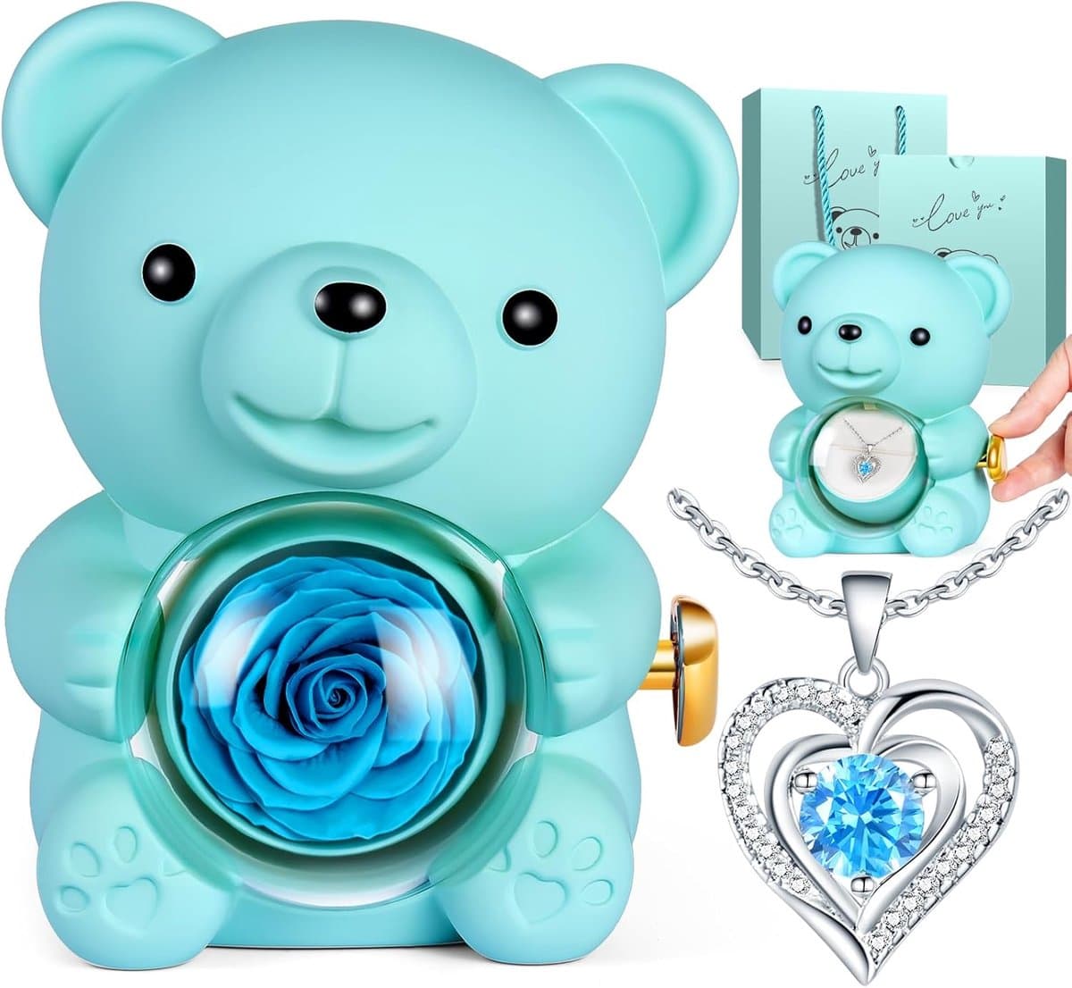 Rozenbeer Cadeauset - Eeuwige Roos - Romantisch Cadeau - Draaibare Geschenkdoos - 11 x 12 x 16 cm - Blauw — afbeelding 1