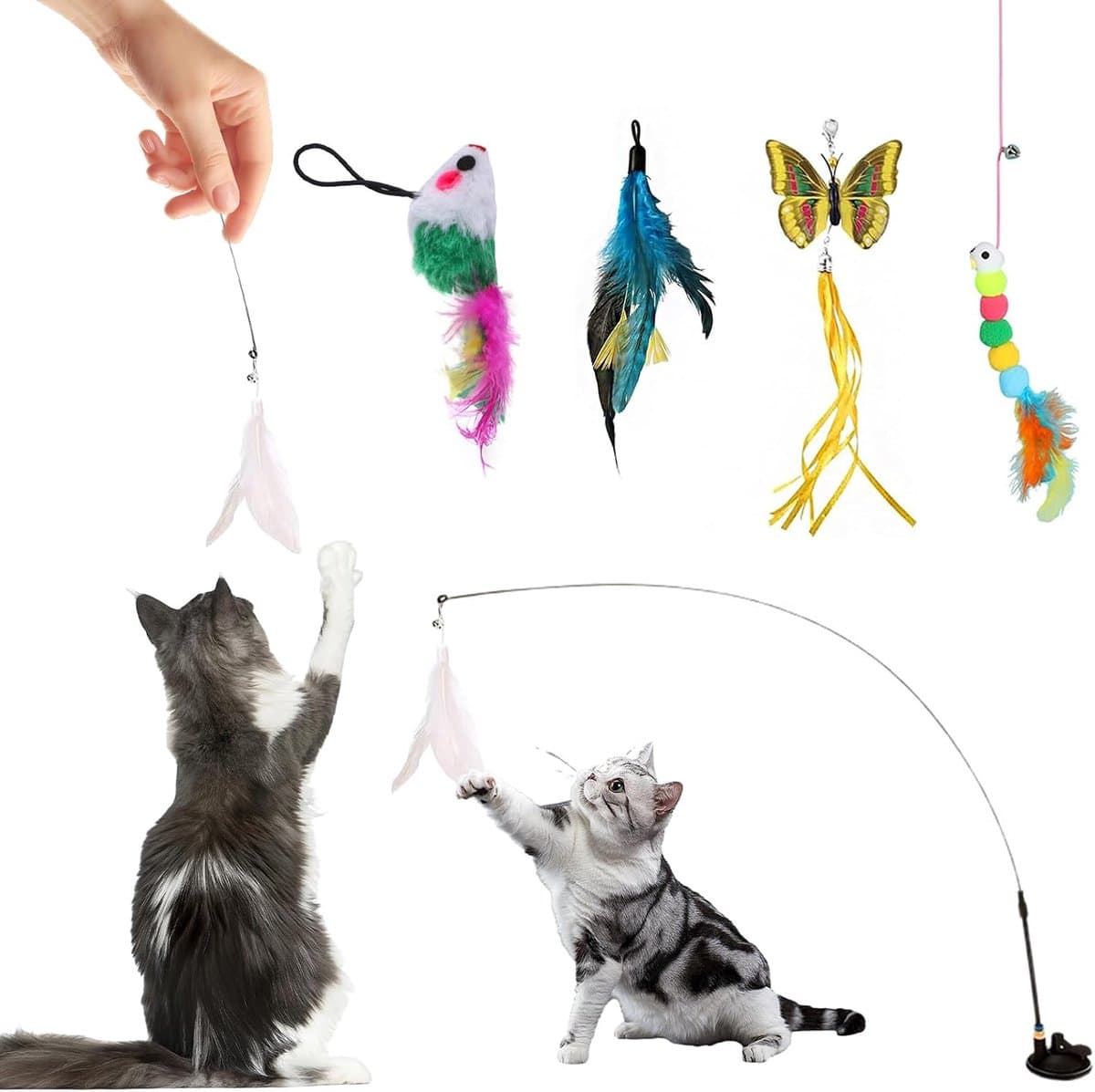 Kattenspeelgoed met zuignap en veren, 5-delige interactieve kattenhengelset met belletjes, flexibele speelhengel voor huiskatten, activiteitsspeelgoed voor katten en kittens — afbeelding 1