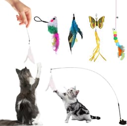 Kattenspeelgoed met zuignap en veren, 5-delige interactieve kattenhengelset met belletjes, flexibele speelhengel voor huiskatten, activiteitsspeelgoed voor katten en kittens — thumbnail 1