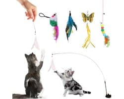 Kattenspeelgoed met zuignap en veren, 5-delige interactieve kattenhengelset met belletjes, flexibele speelhengel voor huiskatten, activiteitsspeelgoed voor katten en kittens