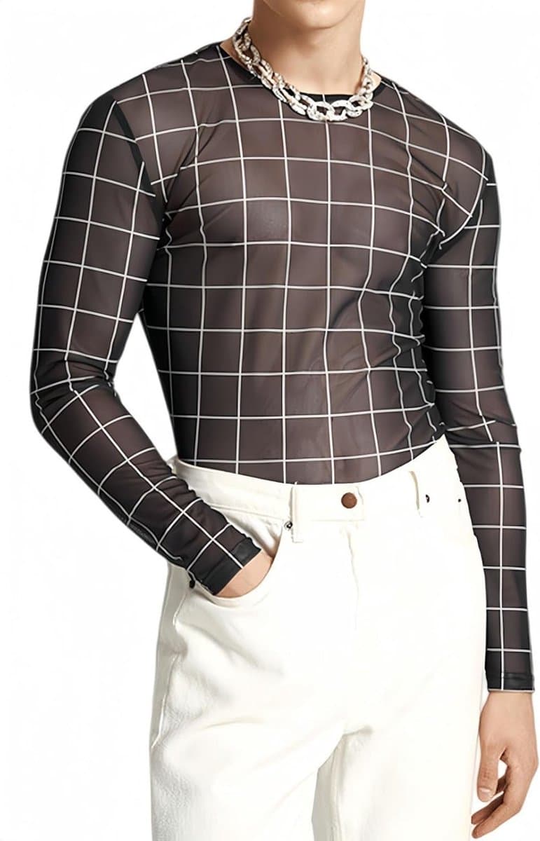 Lange Mouwen Gedrukt Mesh T-shirt voor Mannen - Sexy Transparant Crew Neck, Slim Fit, Ideaal voor Avonden, Rave, Disco en Clubwear — afbeelding 1