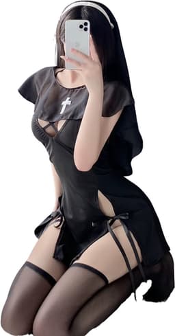 Sexy Nonnen Lingerie Kostuum - 4-Delig Non/Zuster Kostuum Rollenspel - Cosplay & Roleplay - Anime - Jurk, Cape, Sluier en String - Zwart - One Size — thumbnail 2