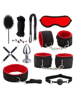 Oneay BDSM Extreme Bondage Set - 11 Delig -SM Handboeien - Zweep / Veer / Tepelklemmen - Sex Toys voor Koppels - Seksspeeltjes voor mannen en vrouwen - Sex Pakket en Toys - Rood — thumbnail 1