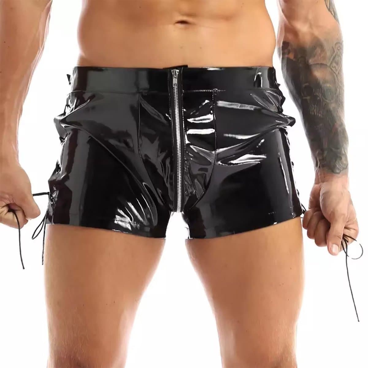 Korte porno broek mannen - Latex wetlook - Open pijpen met touw - Open kruis functie - Short — afbeelding 1