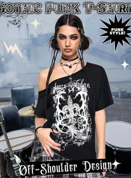 Gothic Punk Off-Shoulder T-Shirt met Grunge Print voor Dames en Meisjes | Y2K Stijl — thumbnail 3