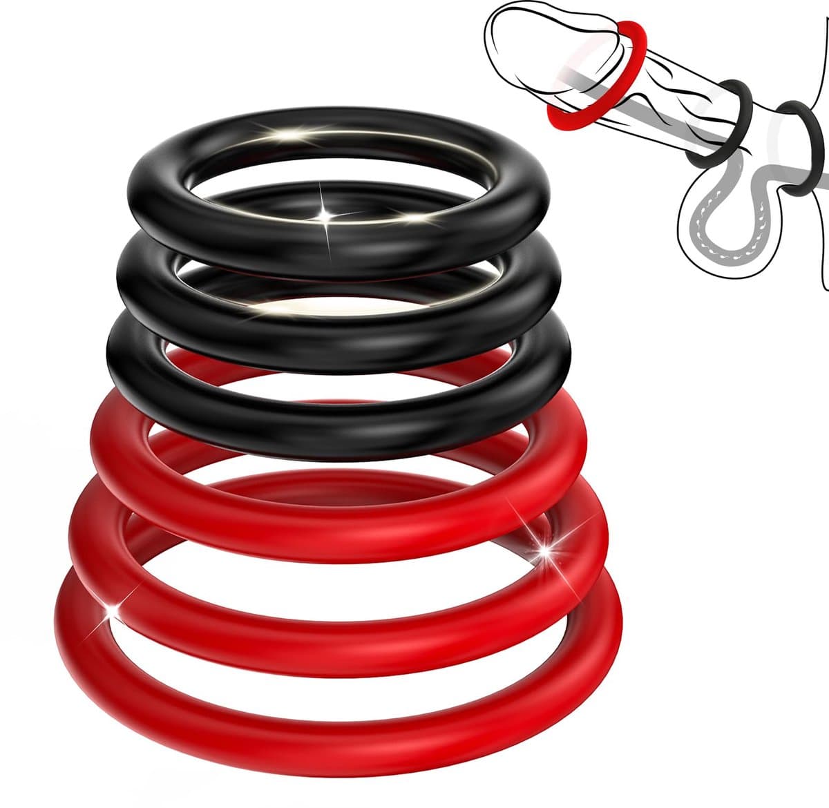 Cockring Set voor Mannen - 6 Stuks - Verschillende Maten - Rekbaar Siliconen - Penisring voor Hardere Erectie & Langer Volhouden - Zwart & Rood — afbeelding 1
