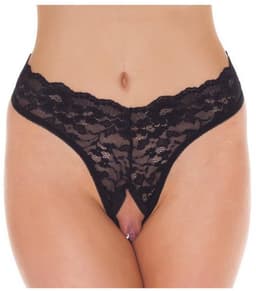 Amorable - G-String met Kanten Ruches - Open Kruis - One Size - Zwart — thumbnail 1