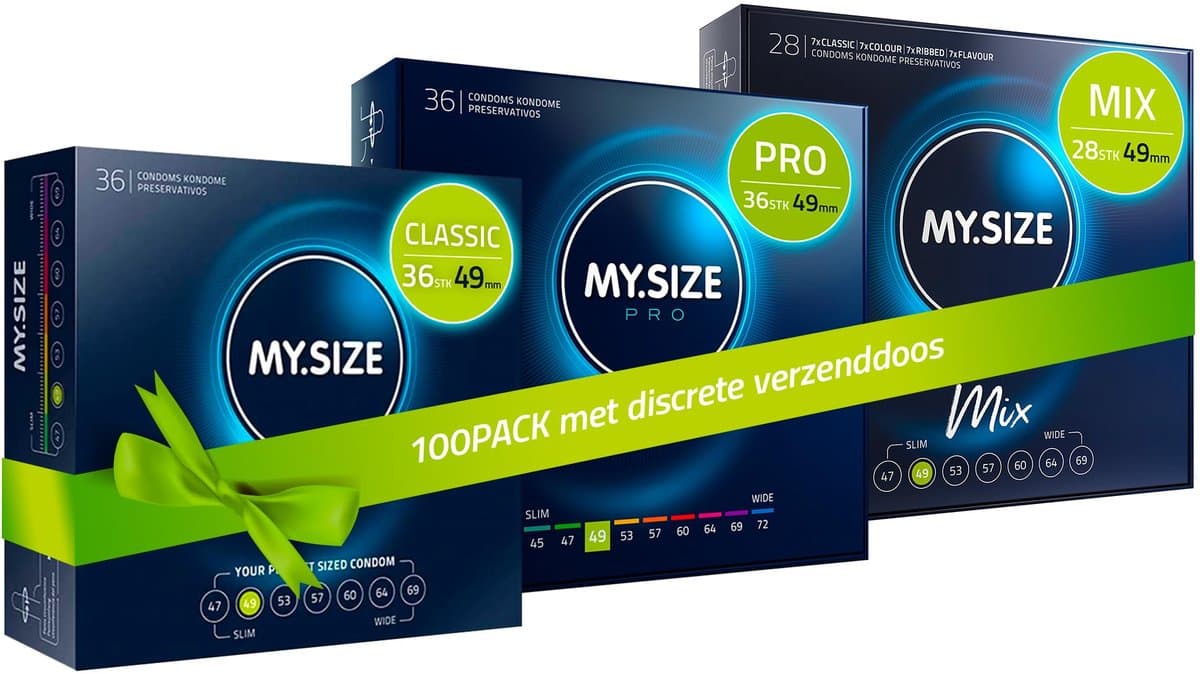 MY.SIZE 100 Condooms 49 mm Megaset Classic+Mix+Pro I Maat 1 I 100 stuks voordeelverpakking I Extra dun Premium condoom I Zeer dun gevoelig I Dunne wand I Vegan condooms I Condooms voor mannen — afbeelding 1
