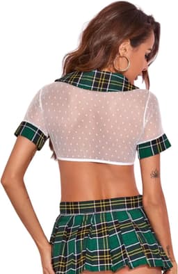 Sexy Schoolmeisje Set Groen - 2-delig Verkleedpakje - Geruite Rok & Transparante Top - Rollenspel - Lingerie Ondergoed voor Dames - Maat S — thumbnail 3