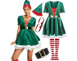 Kerst Jurk Elf Kostuum voor Dames Inclusief Accessoires Feestelijk Rollenspel