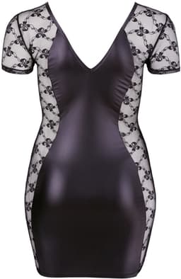 Cottelli Plus Size – Sexy Wetlook Mini Jurk met Transparante Zijstukken voor Optimaal Verleidelijkheid – Maat 3XL – Zwart — thumbnail 2