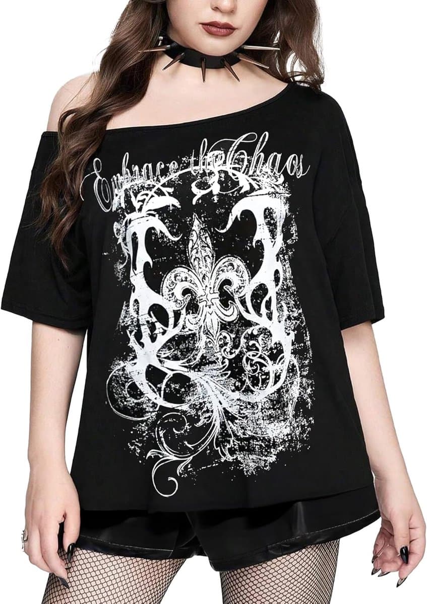 Gothic Punk Off-Shoulder T-Shirt met Grunge Print voor Dames en Meisjes | Y2K Stijl — afbeelding 1