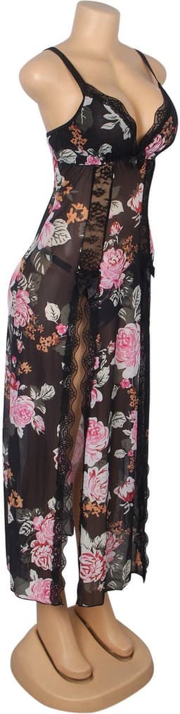 Zeloria Sexy Mesh Nachtjurk met Bloemenprint en Split – Transparante Lingerie Jurk met Kant en Slip – Verleidelijke Nightgown Dames – M — thumbnail 22