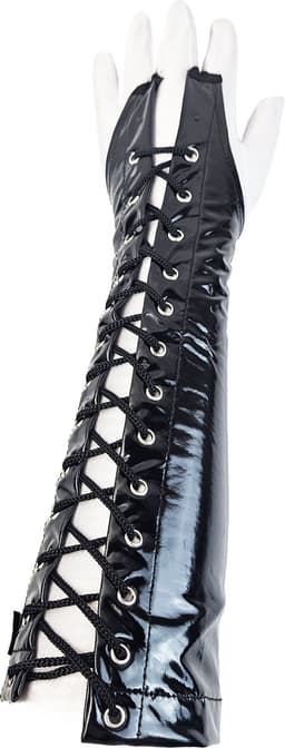 BamBella ® Handschoenen - Maat onesize - Datex (Mix latex en stof ) Sexy Zwart Glans lak vetersluiting — thumbnail 1