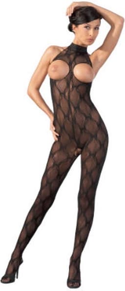 Mandy Mystery Lingerie – Sexy Catsuit Halter Model Klittenband met Vrije Borsten en Open Kruis – Maat SL - Zwart — thumbnail 4