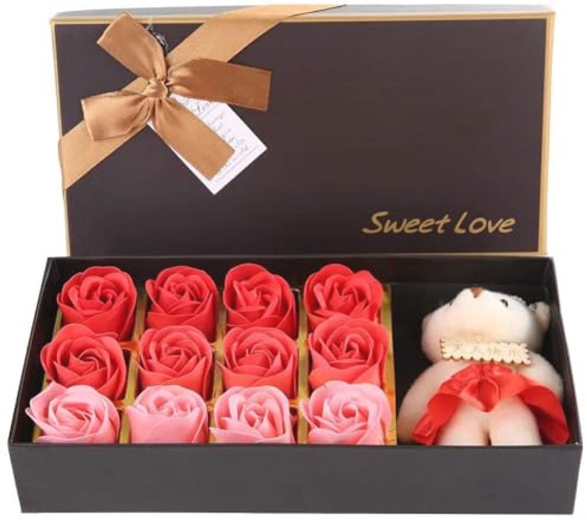 12 Rozen Zeep Bloemen Gift Set voor Vrouwen - Romantisch Valentijnsdag Cadeau met Pluche Beer — afbeelding 1