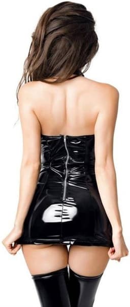 Glossy Wetlook Jurk met open cup- verleidelijke chemise met kettingen op buste - Trisha L — thumbnail 4