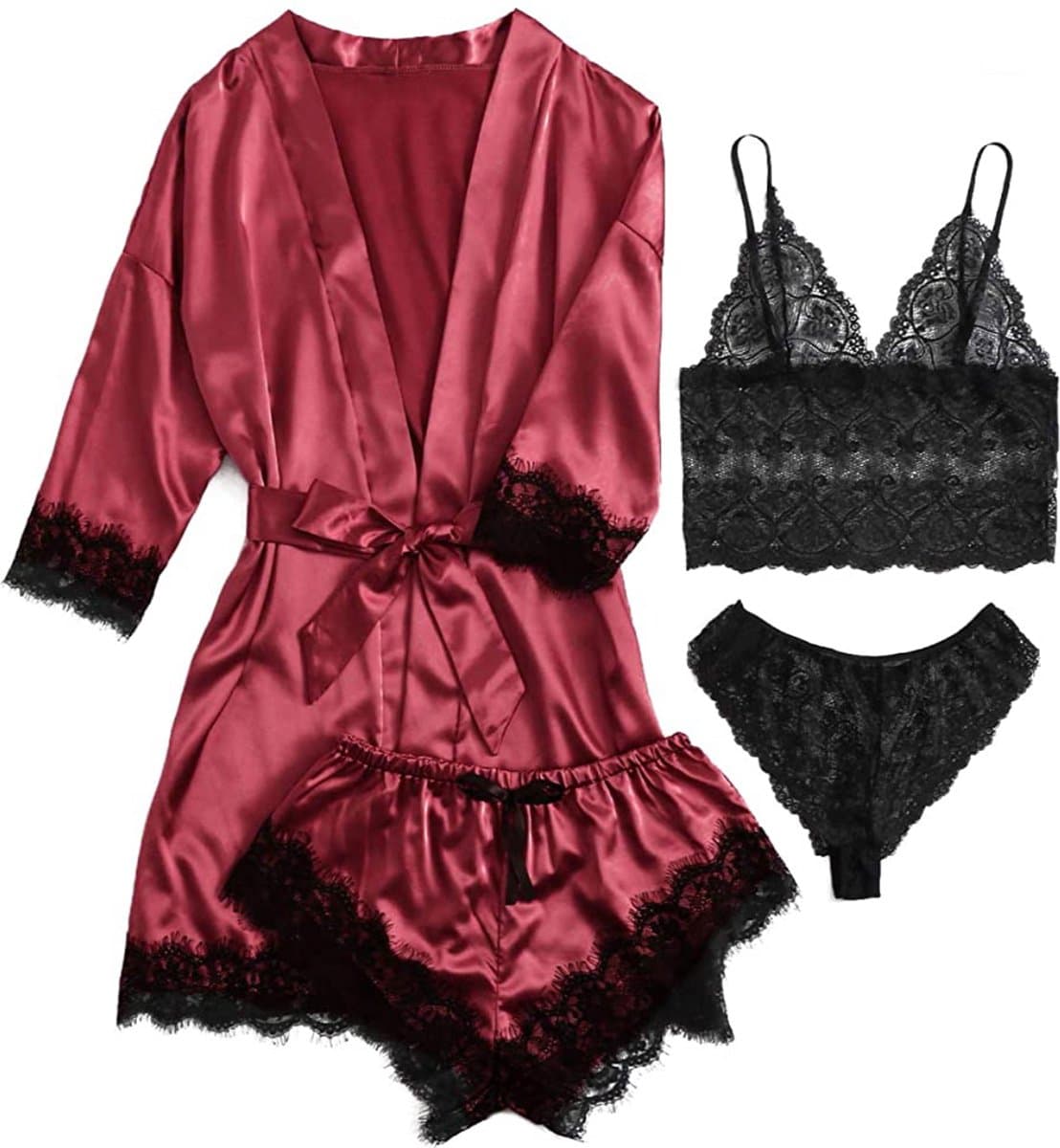 Body4Everybody - 4-delig - Nachtkleding set bordeaux L - nachtkleding - kimono - nachtjapon - badjas - ochtendjas - satijn - lingerie set - bodysuit - sexy - pyjama — afbeelding 1