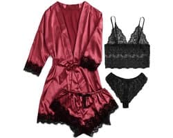 Body4Everybody - 4-delig - Nachtkleding set bordeaux L - nachtkleding - kimono - nachtjapon - badjas - ochtendjas - satijn - lingerie set - bodysuit - sexy - pyjama