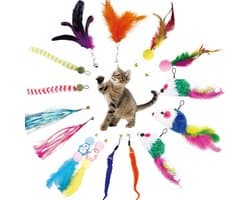 Kattenspeelgoedset met veren, 15-delige interactieve kattenhengelaccessoires met reserveonderdelen, muizen en linten voor huiskatten