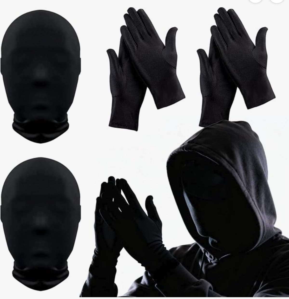 2 zwarte halloweenmaskers, volgelaatsmaskers, set met 2 zwarte handschoenen, masker Halloween, heren en dames, gezichtsloos horrormasker voor Halloween, carnaval, maskerade, themafeest — afbeelding 1