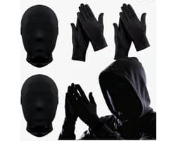2 zwarte halloweenmaskers, volgelaatsmaskers, set met 2 zwarte handschoenen, masker Halloween, heren en dames, gezichtsloos horrormasker voor Halloween, carnaval, maskerade, themafeest