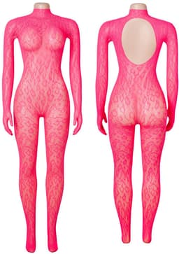 Roze dames bodystocking met panterprint en open rug – One Size — thumbnail 3