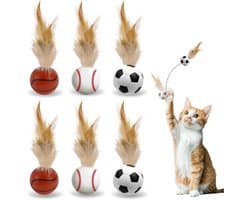 6 stuks springende kattenbal met veer, interactief kattenspeelgoed, veer, springballen voor katten, springballen voor interactief, training, jagen, slaan