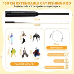 Extra lange kattenhengel (150 cm), interactief kattenspeelgoed met 6 hangers, stabiele kattenhengel van carbon, uittrekbare speelhengel voor katten voor actieve katten, binnen en buiten — thumbnail 4