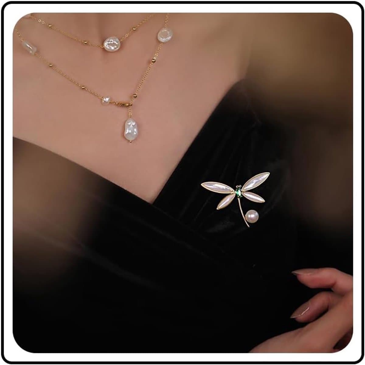 Parel Libelle Broche Pin Groen Kristal Insect Libelle Pin Elegant Bruidsboeket Broche Sierlijke Parel Strass Libelle Vliegen Revers Pin Kleding Accessoires Sieraden Voor Vrouwen, — afbeelding 1