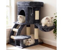 Krabpaal, 75 cm hoge krabpaal, klein, met bovenste platform, hol, hangmat, klimladder, kattenspeelgoed, kattenmeubels, klimboom activiteitenkrabpaal, rookgrijs HCT009SG
