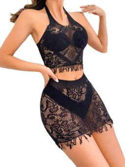 2-Delige Kanten Lingerie Set Dames – Halter Crop Top & Minirok met Franjes – Zwart – One Size – EU S/M — thumbnail 2