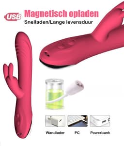 Luxe Konijnen Vibrator - Duo Stimulatie Dildo met G-Spot & Klitoris Functie - Waterdichte G-Spot Vibrator - Magnetisch Oplaadbaar & Stil - 22.5cm - Zacht Zilver & Roze - Inclusief Discret Bezorging — thumbnail 4