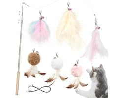 Interactief kattenspeelgoed met veren - Kattenspeelgoed set, Intrekbare natuurlijke verenstok kattenspeelgoed met 6 stuks reserveveren voor kattenhengel met belletjes, roze