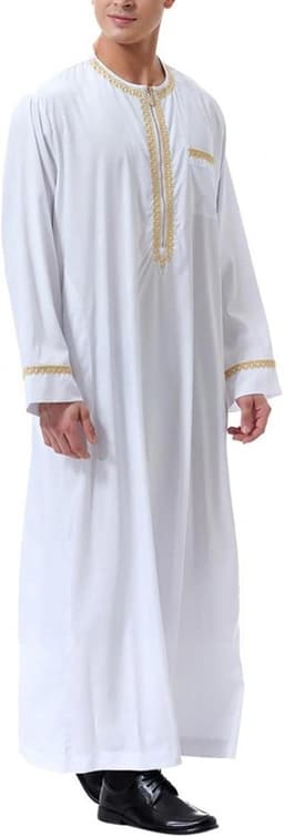 Heren thobe kaftan lange mouwen islamitische abaya moslim met zakken gebedskleding robe lang Arabisch linnen A28 — thumbnail 4