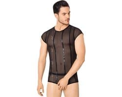 Wetlook heren -shirt en slip met netstof details- zwart M/L