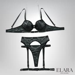 Elara Alenia – Sexy Lingerieset voor Dames – 3-Delig – Kunstleer met Kettingdetails – BH, Jarretel Heupband & Slip – L – Zwart — thumbnail 3